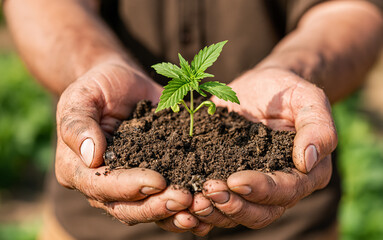 Fototapeta premium Farmer hands holds baby cannabis plant. Concept farm marijuana plantation