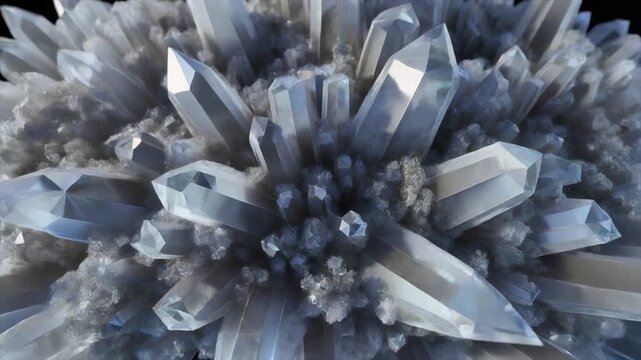Close-up of Clear Quartz Crystal Cluster Growing, Abstract Macro Mineral Formation