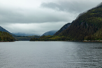 Fototapeta premium green mountain side in Alaska next to fjord