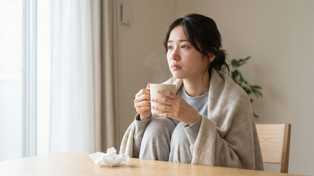 Japanese adult relaxing at home with a warm drink during spring allergy season