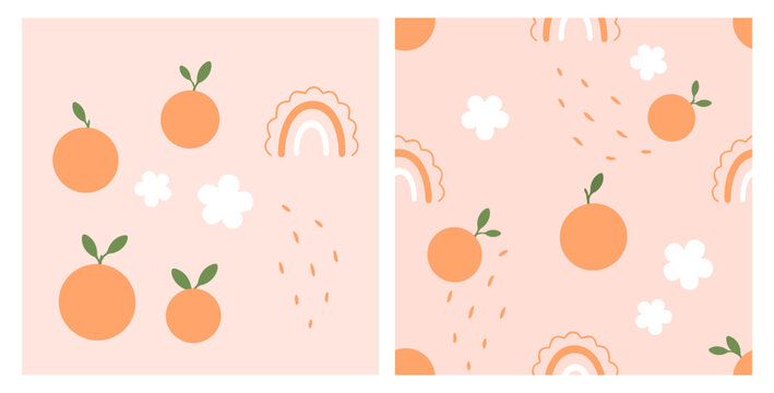 Cute seamless orange fruit pattern featuring whole oranges with green leaves, rainbows, white flowers, and playful decorative elements on a soft pastel background in hand drawn flat vector. 
