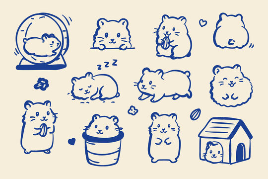 Cute hamster doodle set in minimal line style. Hand drawn pet characters in different poses with accessories. Simple vector illustration isolated on neutral background.
