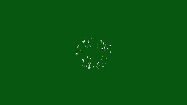 Animation of white question marks moving on green screen background, pop up question symbol, confused dizzy effect, chroma key motion graphic, looping 4k background