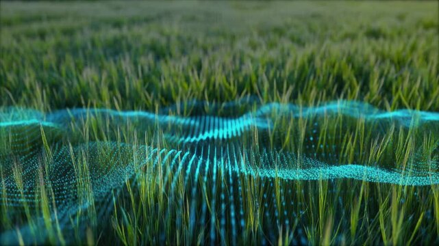 Futuristic Agriculture Technology Digital Wave Over Green Grass Field