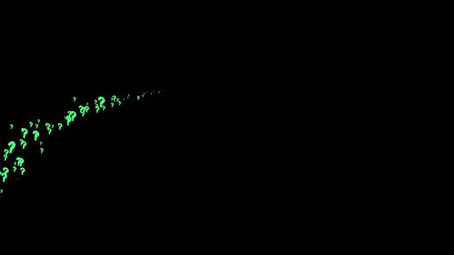 green question mark motion graphic animation on black screen, raining symbols, pop up question icons, confused and dizzy effect, chroma key background, seamless 4k