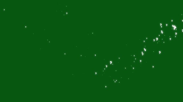 Animated white question marks raining on green screen background, glowing question symbol, confused and dizzy effect, chroma key motion graphic, 4k loop background
