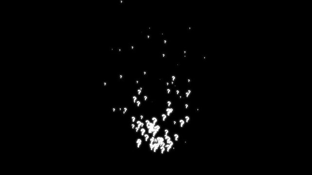 Animation of many white question marks moving on black screen, glowing question symbols, confused doubts effect, chroma key motion graphic animation, 4k background