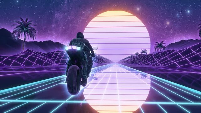 Purple Synthwave Cyberpunk Retro Motorcycle & Rider VJ Loop Motion Background