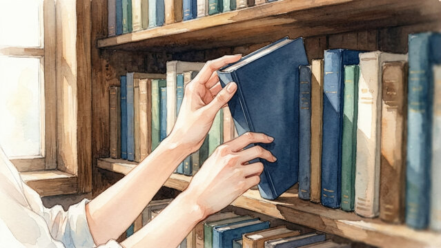 Watercolor illustration of woman hands selecting a book from a bookshelf.