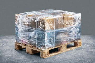 Fototapeta premium Pallet Wrapped in Transparent Film Ready for International Shipping at a Warehouse