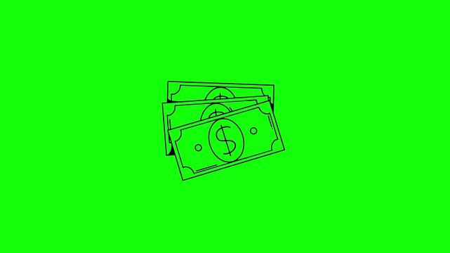 Stack of US dollar banknotes cash money outline vector animation on green screen background chroma key