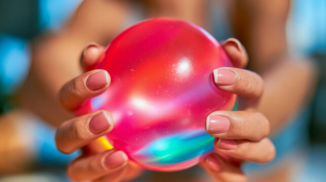 Close-up of hands squeezing a colorful gel stress ball for anxiety relief, relaxation, sensory therapy, emotional control, and everyday wellness