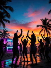 Naklejka premium Group of people dance at beach party during sunset. Silhouettes of friends enjoy music festival with neon lights on tropical island. Young crowd celebrates summer nightlife near ocean with palm trees