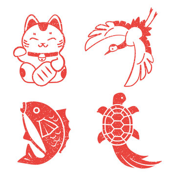 お正月の縁起物セット(ハンコ風)のイラスト