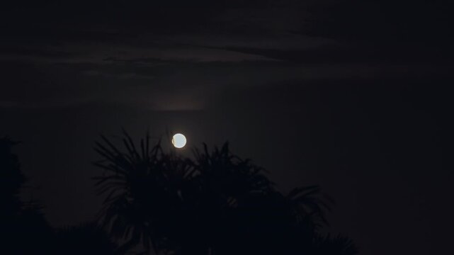 A glowing full moon in the dark and cloudy night
