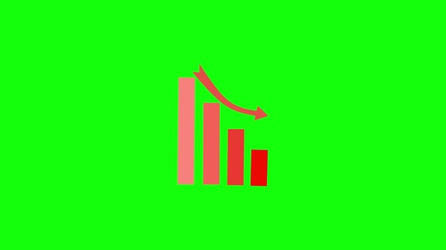 Financial crisis down trend bar chart and red decreasing arrow vector animation on green screen background