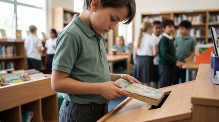 Obraz premium Young boy in school uniform holding a book in a library with other students in the background