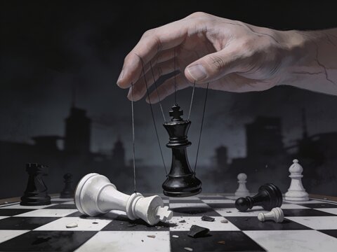 A surreal chess scene depicting a giant hand controlling the pieces like puppets, symbolizing power, manipulation, and strategic control.