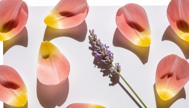 Spring floral flat lay composition, Pink tulip petals arrangement, Fresh lavender sprig flatlay, Minimal botanical nature flatlay.