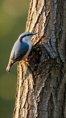 Naklejka premium Small nuthatch bird with blue gray back and white underside climbs down tree trunk. Sharp focus on feathered creature foraging on rough bark in warm sunlit forest. Wildlife detail.