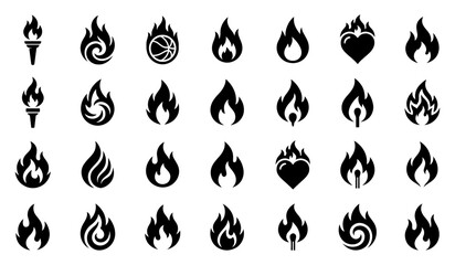 Obraz premium Set of various black fire and flame icons isolated on a white background for graphic design projects
