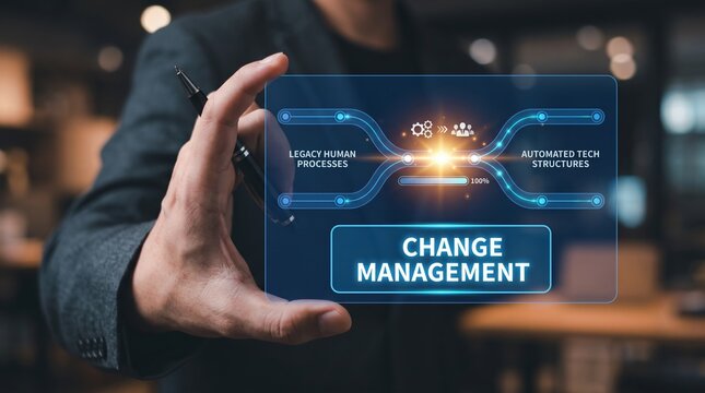 Futuristic visualization of change management strategies, illustrating the transformation from legacy manual business processes to modern automated technological structures