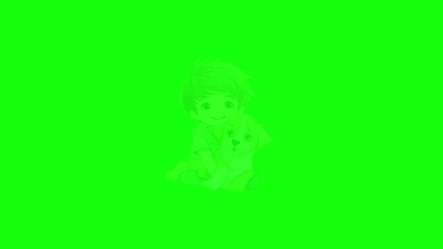 Cute boy hugging his cute puppy dog smiling vector illustration on green screen background chroma key