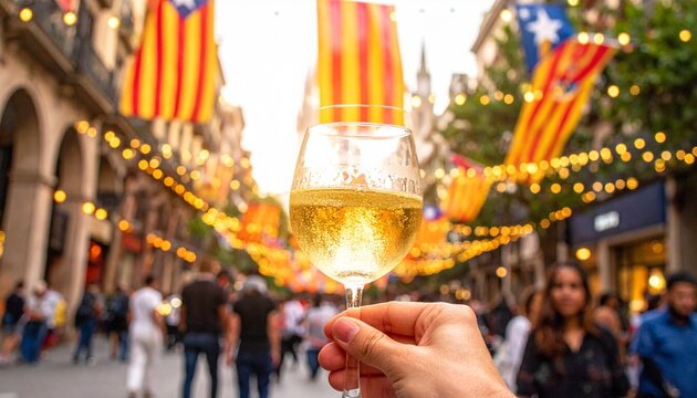 Catalonia Festival Street Scene with Wine and Flags Illustration