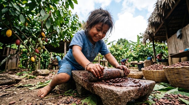 Young child happily grinding cocoa beans on a stone metate in a tropical plantation setting