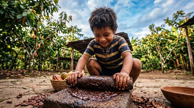Young boy happily grinding cocoa beans into chocolate paste on a traditional stone metate in a tropical plantation