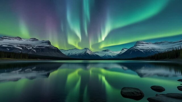 Majestic Aurora Borealis Reflected in Calm Lake Amidst Snowy Mountains