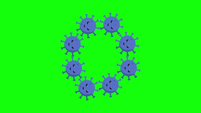 Cute blue coronavirus cells rotating in a circle vector animation on green screen background chroma key