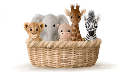 Naklejka premium Five Baby Animals Sitting in a Wicker Basket