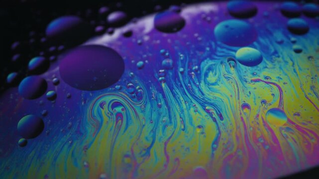 Colorful Oil and Water Abstract Swirls with Bubbles, Macro View
