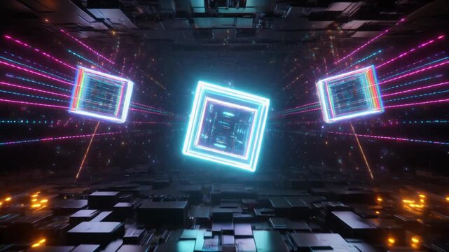 Futuristic Technology Cube with Neon Circuits and Data Streams