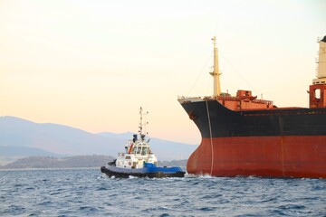 Fototapeta premium Blue and white tugboat skillfully assists a massive red-hulled cargo ship with a black superstructure as they navigate near towering mountains on a calm sea during the golden hour
