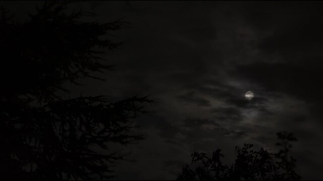 A glowing full moon in the dark and cloudy night