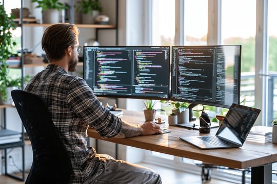 Software Developer Working From Home on Dual Monitors in a Simple Workspace During Daytime