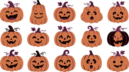 Naklejka premium Set of cute hand drawn halloween pumpkin icons with various funny faces isolated on a white background for design