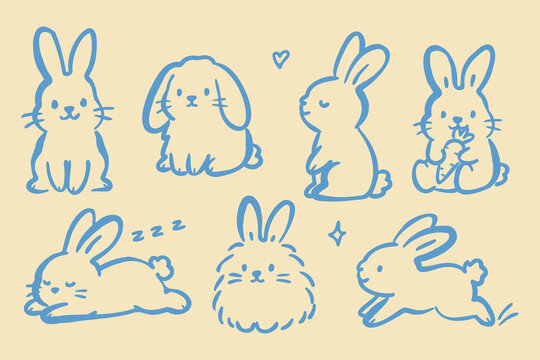 Cute bunny doodle set in whimsical naive style. Hand drawn rabbit characters with simple blue lines, playful poses and cozy pastel background.