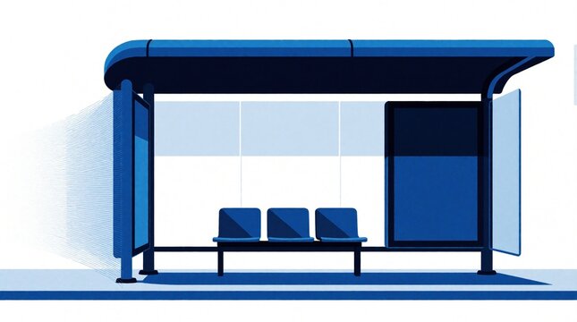 Modern blue bus stop shelter with seats. Minimalist urban transit architecture for waiting or commuting. Clean design for city infrastructure. Public transport convenience.