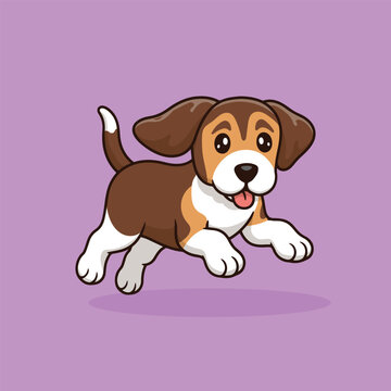 Cute Cartoon Beagle Puppy Jumping Playful Dog Illustration On Purple Background For Kids