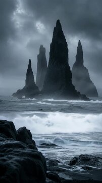 Giant sea cliffs rise dramatically from the tempestuous Ocean near. Waves crash against rocky shores under a moody sky, creating an enchanting seaside spectacle.