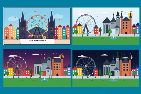Modern flat-design city landmark illustration inspired by the Aachen, Germany, city illustration set