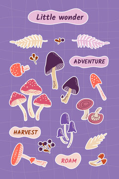 Magic mushroom sticker set with amanita, fern, berries, and lettering on purple background.