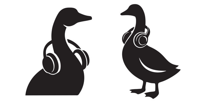Two black goose silhouettes wearing modern headphones listening to music in a funny style Vector