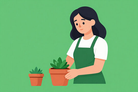 Focused Woman Nurturing a Small Succulent in a Charming Indoor Space, Creating a Cozy and Inviting Atmosphere