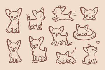Obraz premium Hand drawn chihuahua doodle set in naive minimal style. Cute small dog characters in playful poses with simple lines and cozy aesthetic.