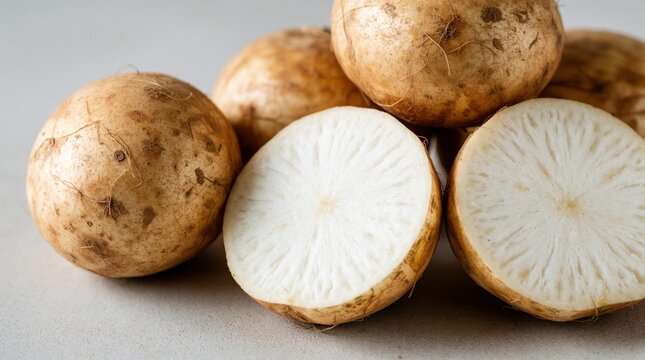 Several round tan jicama roots sit on a light surface. One root is cut showing crisp white flesh inside, ideal for healthy cooking and recipes.