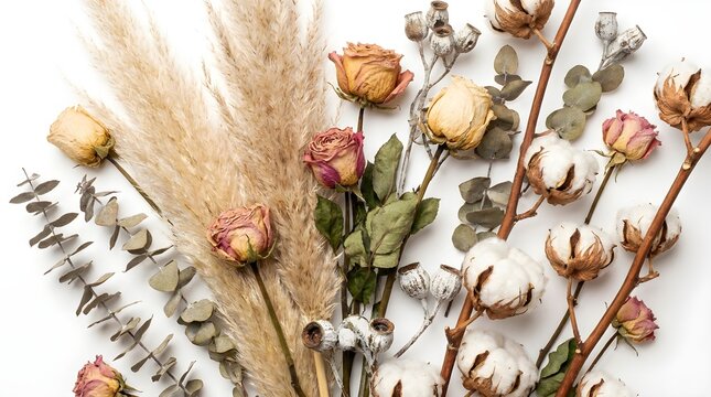 Dried floral arrangement with pampas grass and roses, rustic bouquet of cotton bolls and eucalyptus, boho botanical composition isolated on White Background